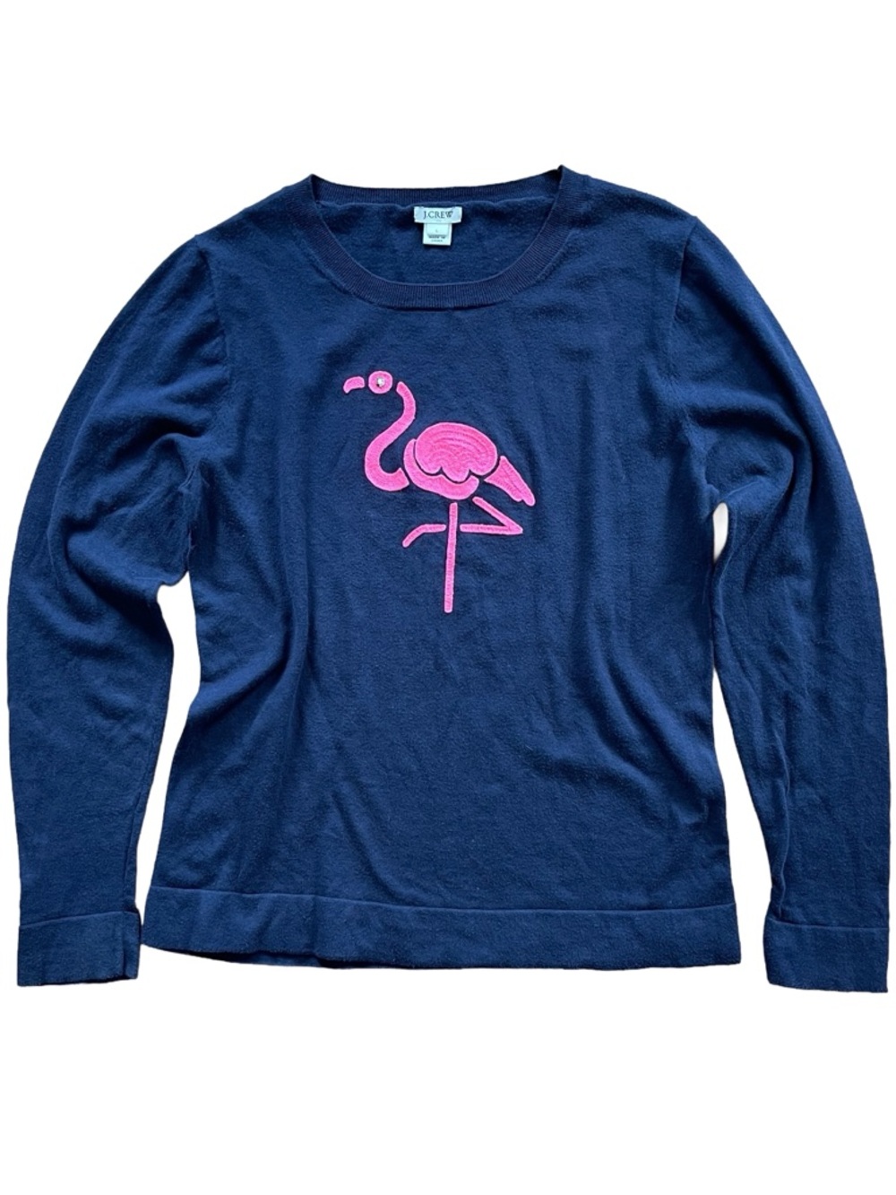 J. Crew Navy Crewneck Teddie Sweater with Pink Flamingo Motif